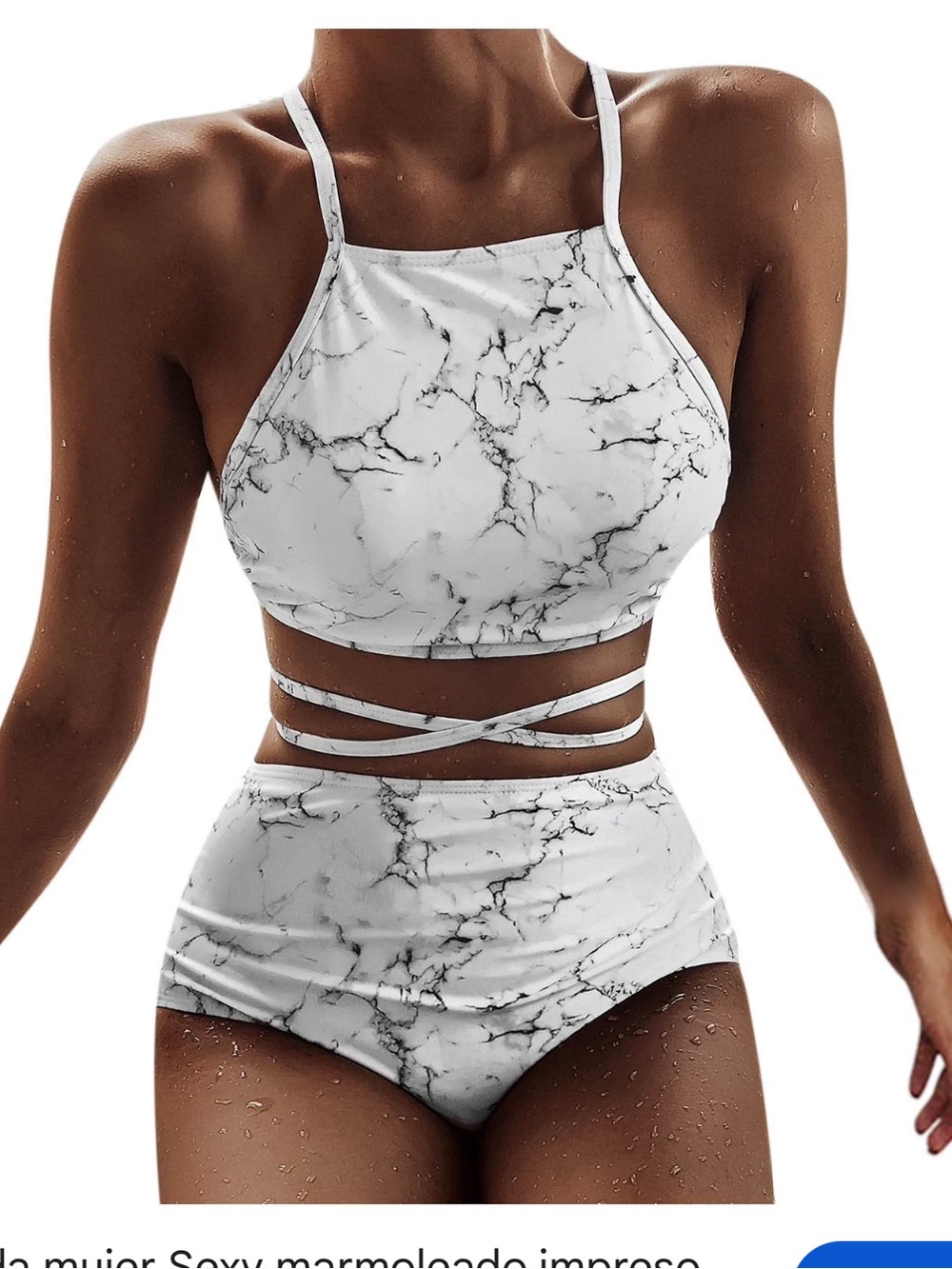 SHEIN White Marble-Print High-Waist Bikini Set